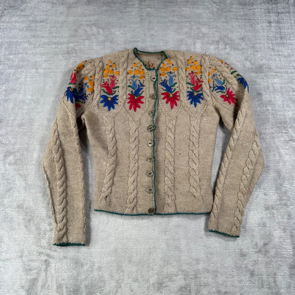 Vtg Cardigan Women Small Beige Floral Embroidered Cable Knit Folk Cottage Boho